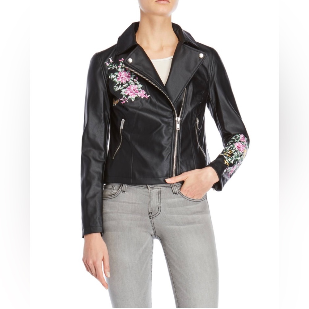 Philosophy Embroidered Cropped Moto Jacket size 6